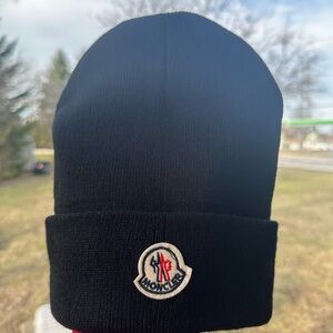 Moncler Black Beanie with Logo Patch